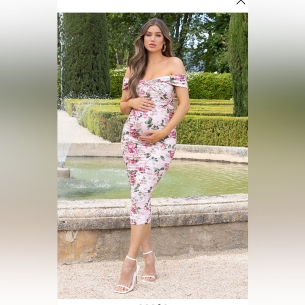 Pink Floral Off Shoulder Ruched Maternity Midi Dress size 6 - Picture 2 of 16